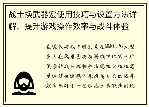 战士换武器宏使用技巧与设置方法详解，提升游戏操作效率与战斗体验